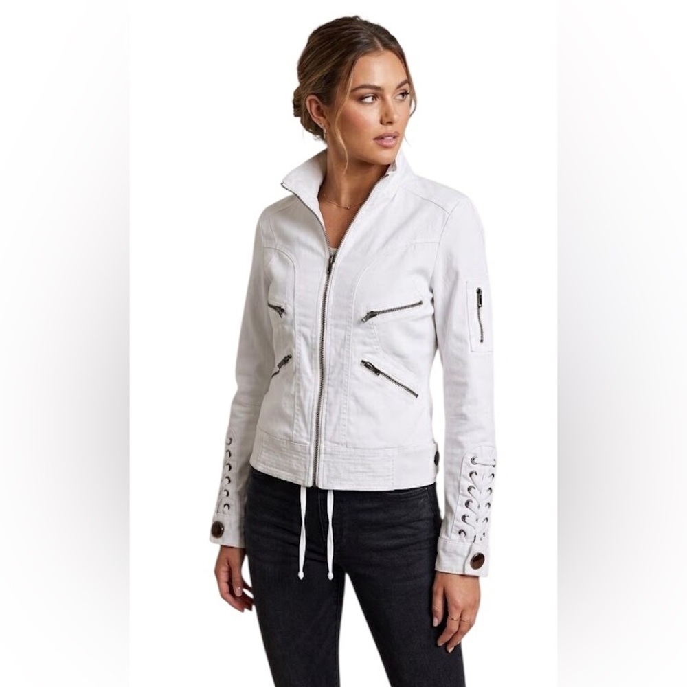 Amisu White Moto Lace-Up Sleeve Jacket - 36 Small
